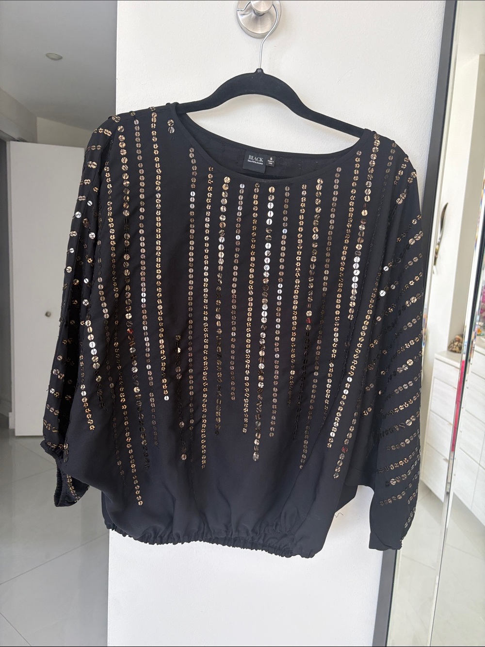 Saks Fifth Avenue BLACK Label Dolman Sleeve Blouse with Gold Sequin Stripes